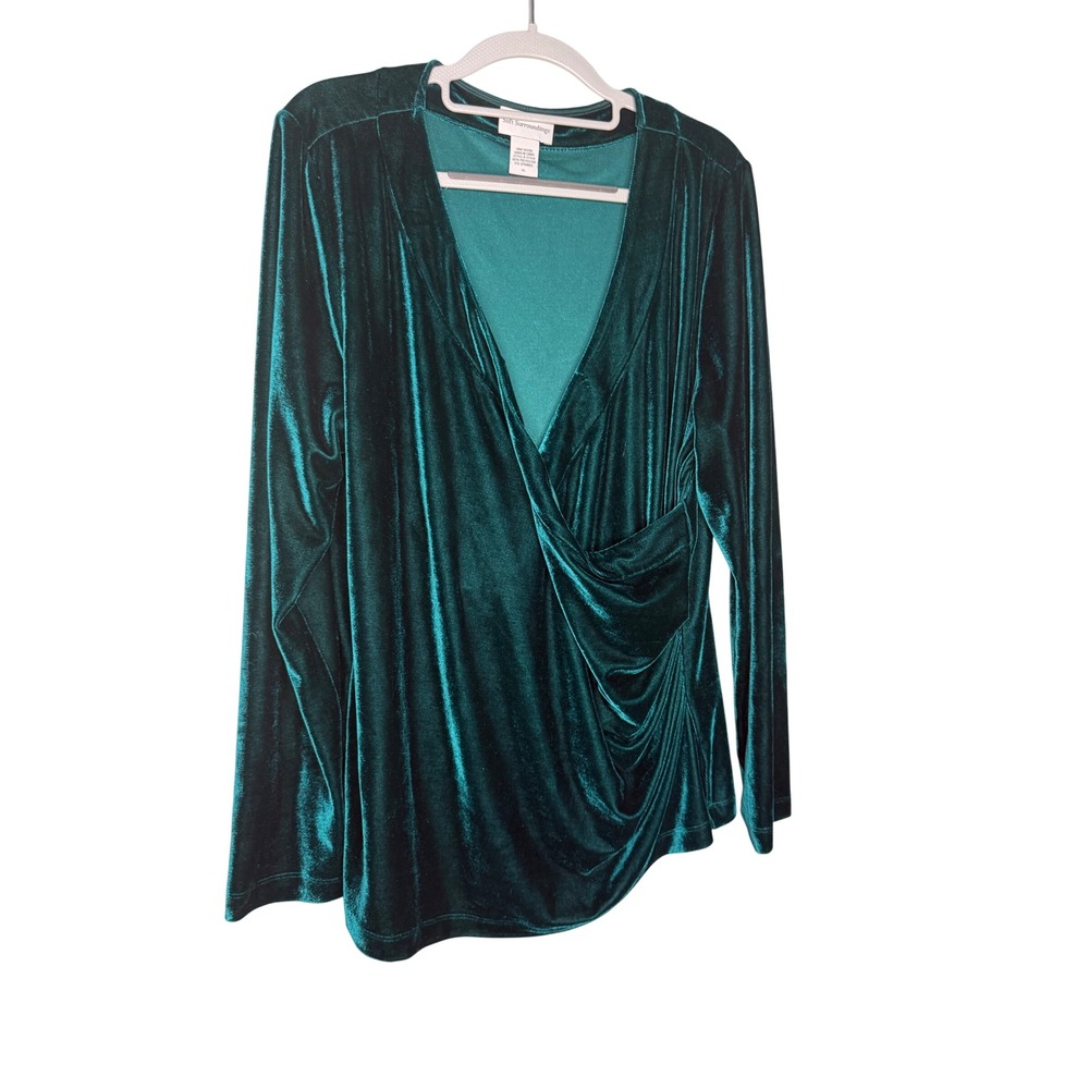 Soft Surroundings emerald green v-neck faux wrap velour long sleeve blouse